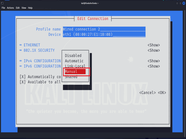 NMTUI IPv4 Configuration